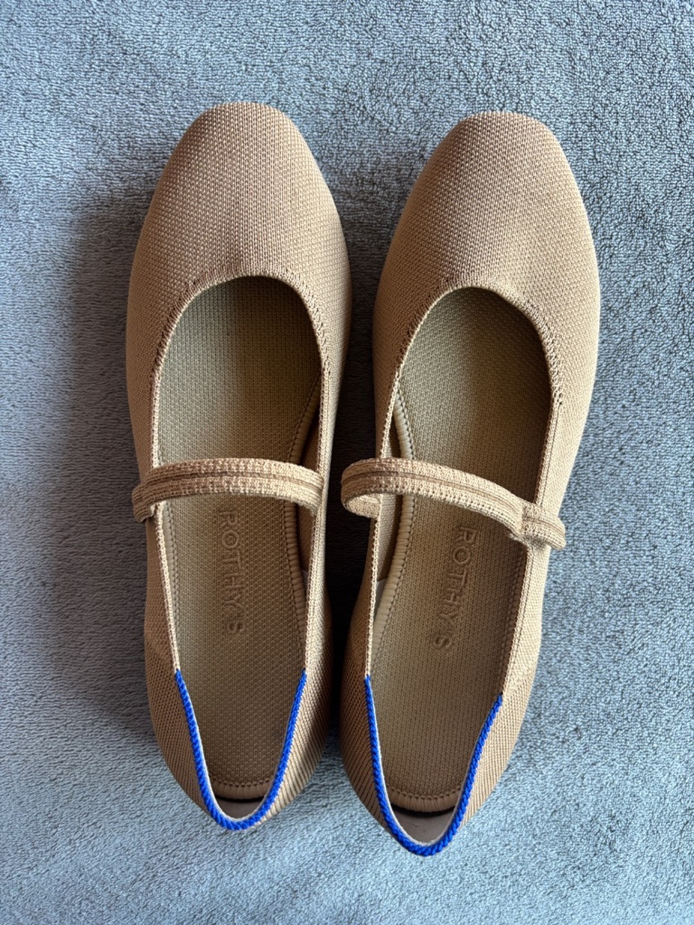 Rothy's Tan Mary Jane Flats with Blue Heel Trim